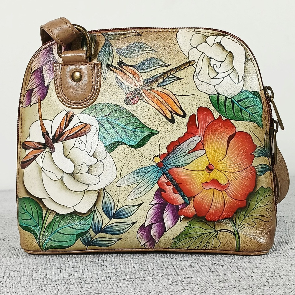 Anuschka Hand Painted Leather Floral Dragonfly Crossbody Bag Tan Small - Picture 3 of 15